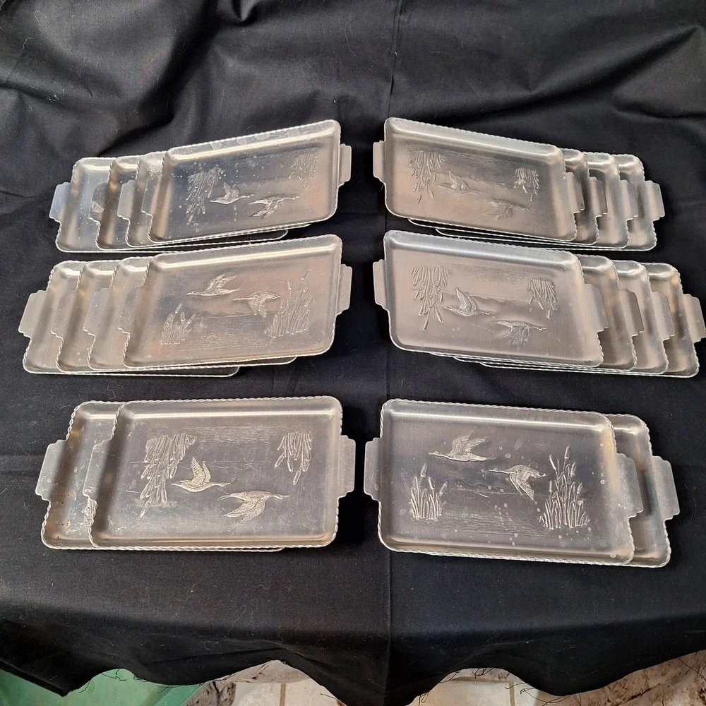 Vintage Aluminum Duck Mallard Flying Marsh Tip Trays Set of 20 Scalloped‎ Edge